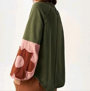 Women's Solid Color Block Crew Neck Long Sleeve Floral Decor Sweatshirt